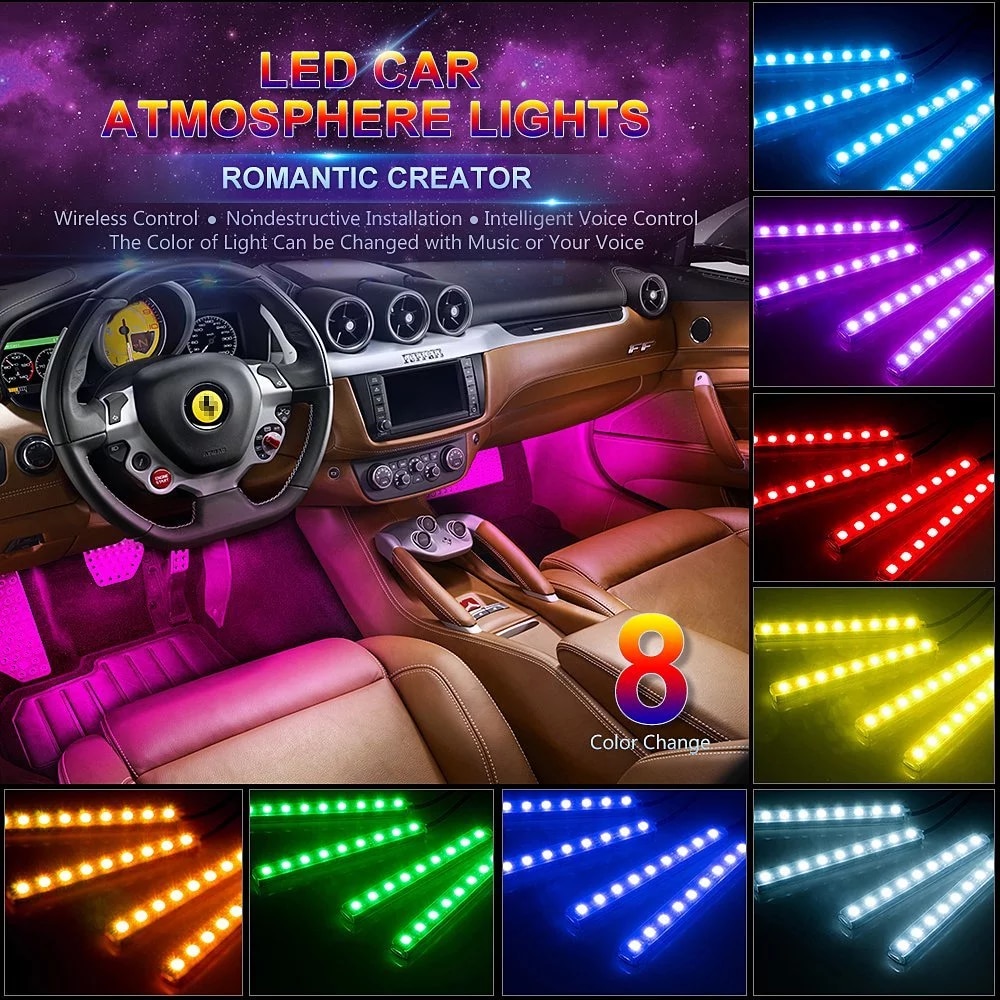 Auto-LED-Lichtleisten LED - farbige Innenbeleuchtung - 4x18 RGB-LED-Leuchten  + Fernbedienung + Geräuschsensor